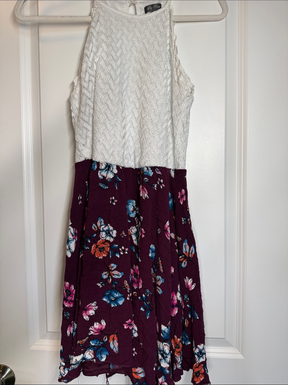 Lily Rose White Crochet Halter Top with Burgundy Floral Skirt